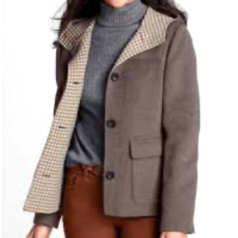 Lands’ End Wool hooded Coat Taupe‎ Plaid interior Button up Women’s 10 Warm Cozy